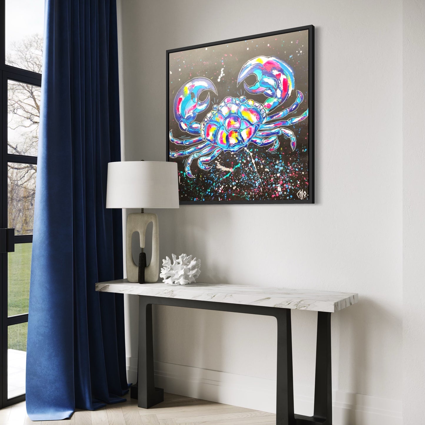 oeuvre d'art unique représentant un crabe ou un cancer en signe astrologique. peinture acrylique fait main en france art contemporain décoration