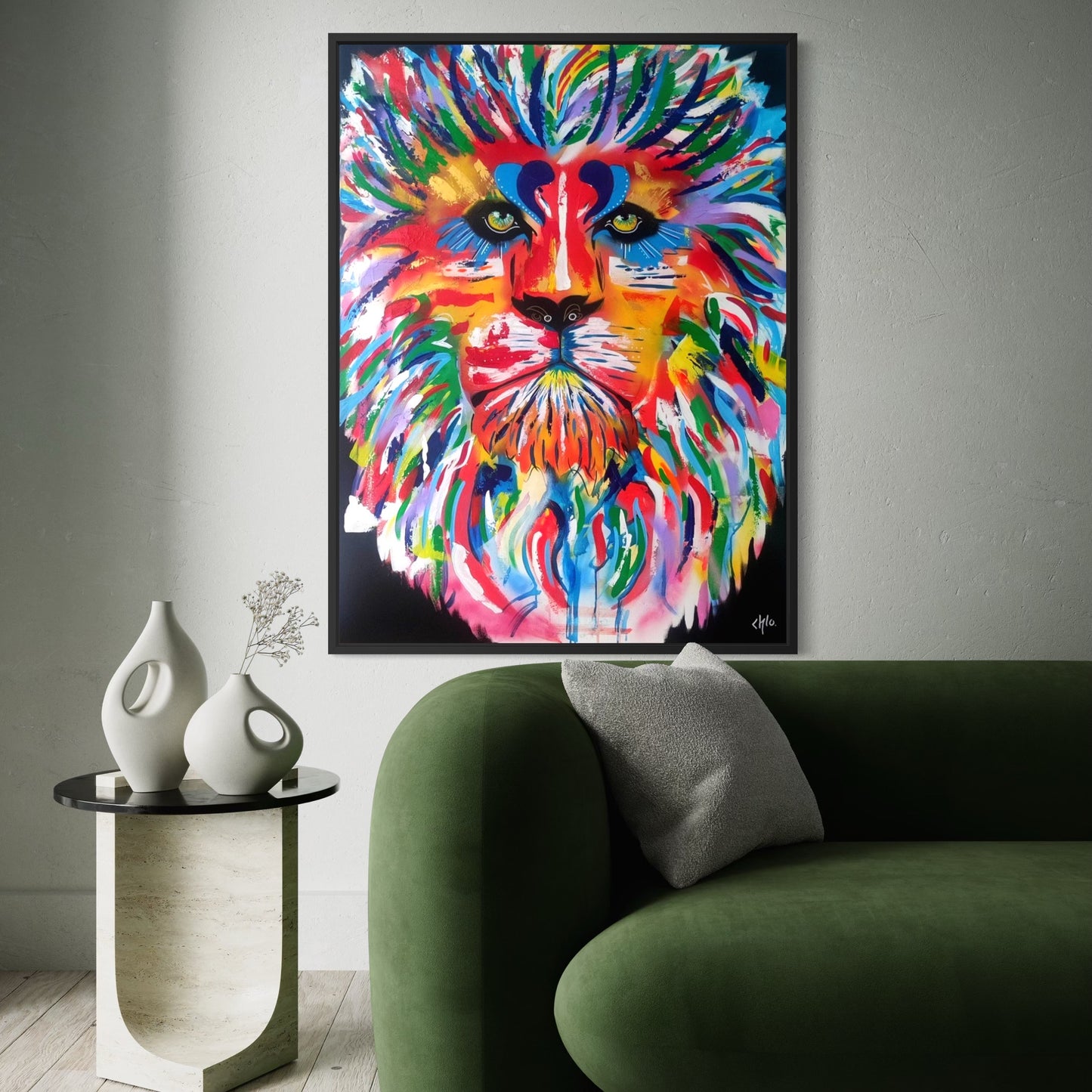 LION Géant oeuvre unique coloré peinture acrylique