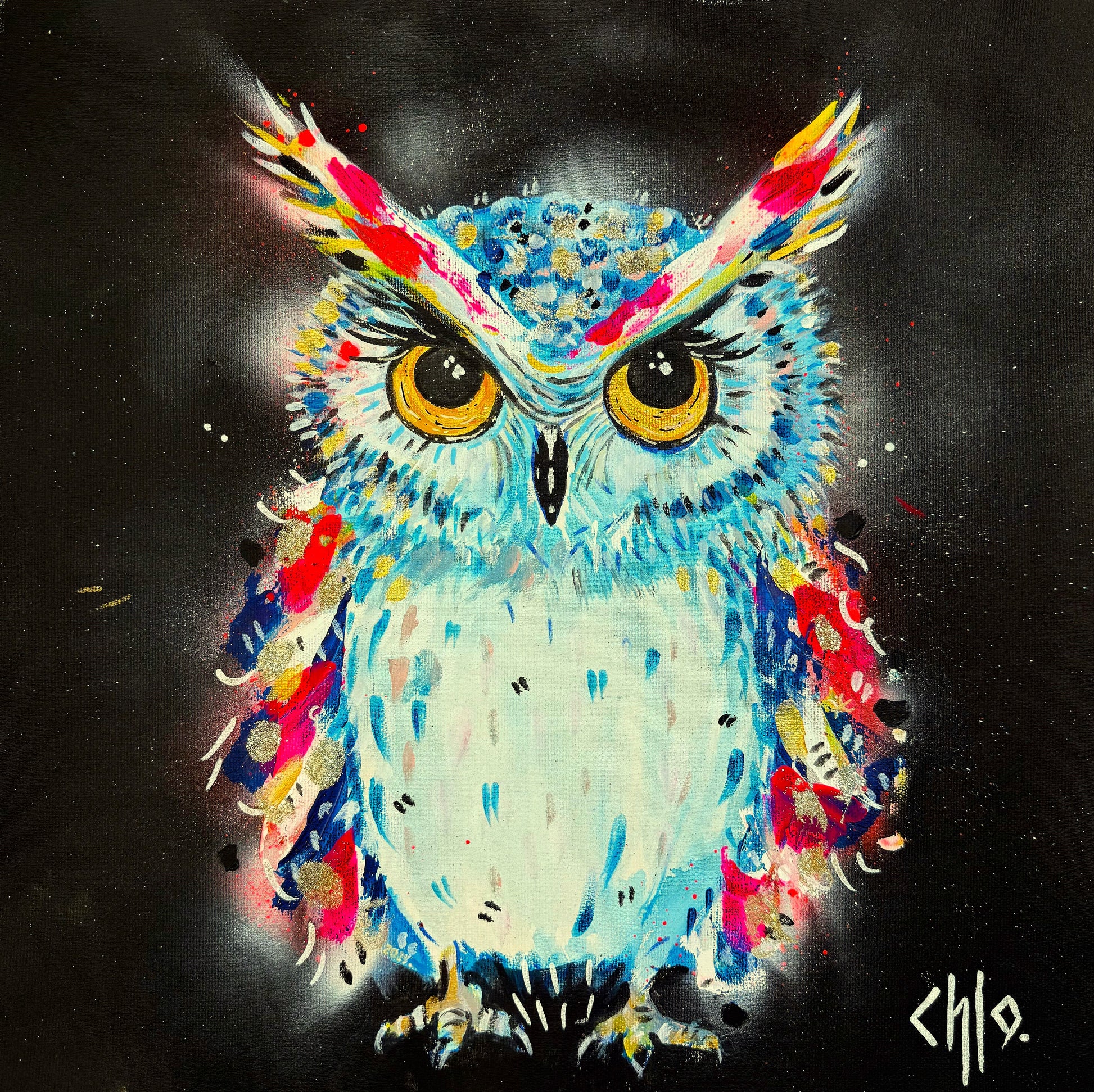 Art print hibou coloré issu d’une œuvre originale, reproduction artistique contemporaine imprimée sur toile coton
