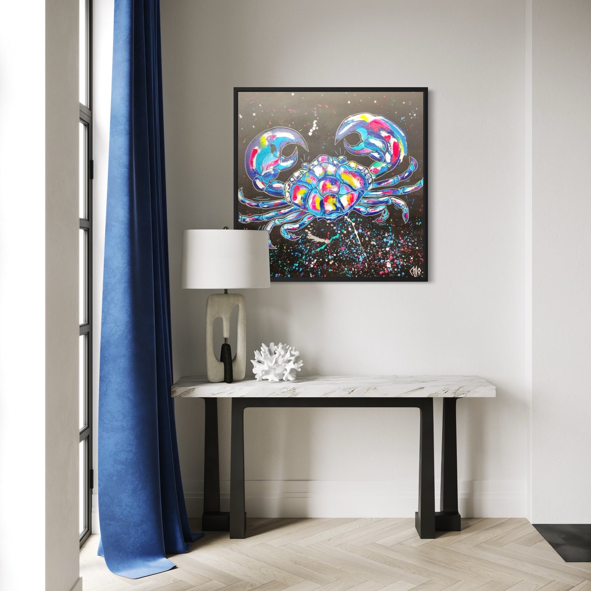 oeuvre d'art unique représentant un crabe ou un cancer en signe astrologique en peinture acrylique fait main en france art contemporain décoration