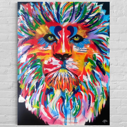 LION Géant oeuvre unique coloré peinture acrylique