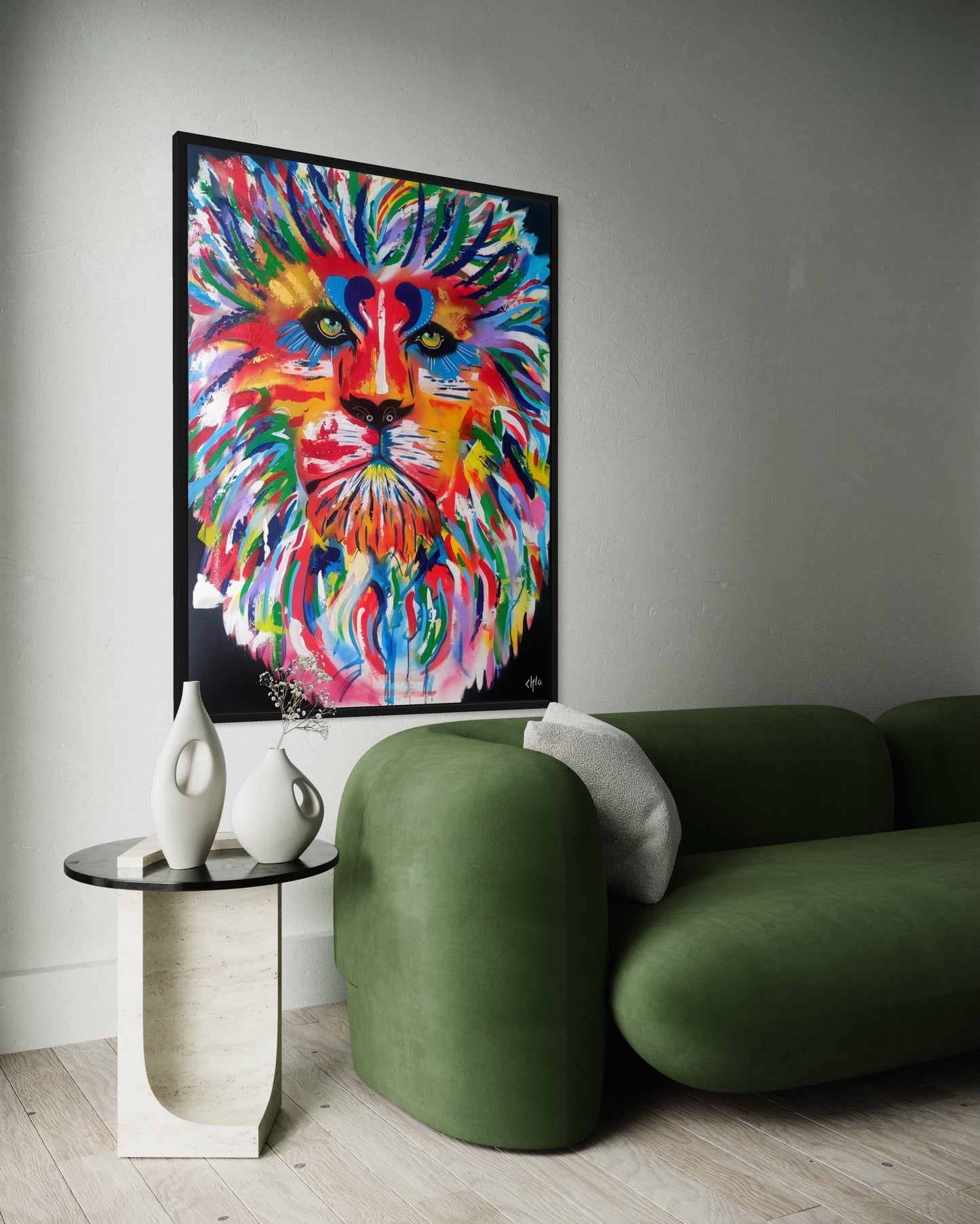 LION Géant oeuvre unique coloré peinture acrylique