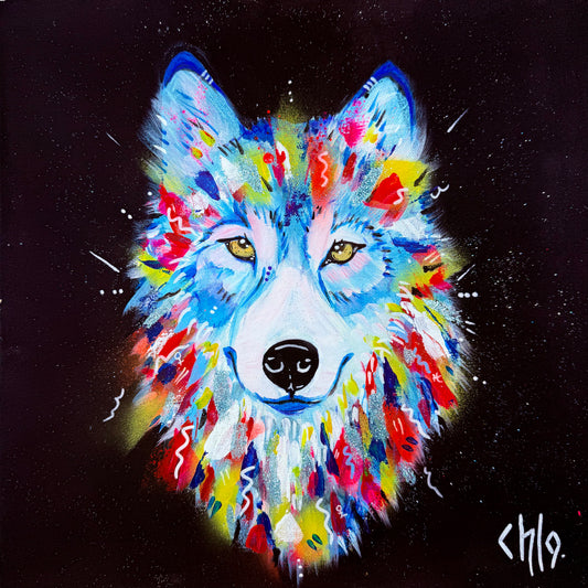 Reproduction d’art print d’un loup coloré issu d’une œuvre originale, portrait animalier contemporain sur fond noir
